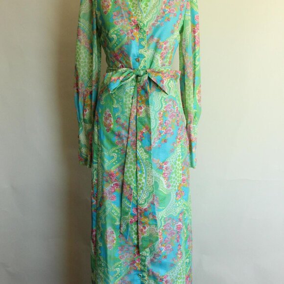 Vintage 1970s Hostess Dress, Volup JS Full Length Maxidress, Pastel Green - Picture 2 of 10